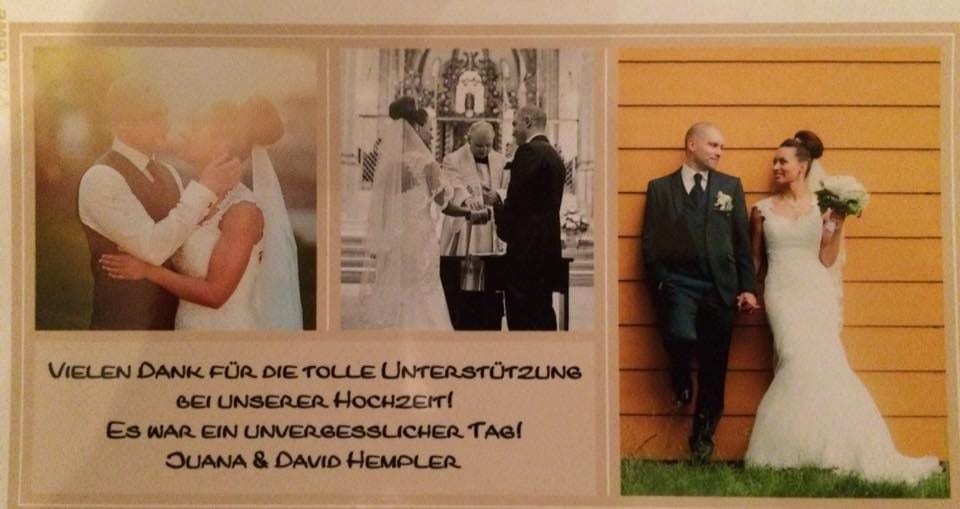Dankeskarte von Juana und David Hempler mit drei Hochzeitsfotos