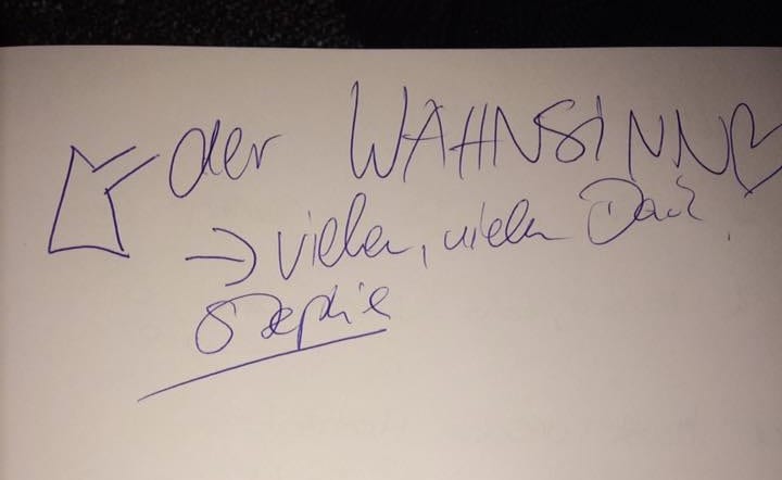 Handgeschriebener Zettel: Der Wahnsinn, vielen vielen Dank, Sophie